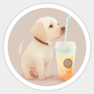 Cute Kawaii Golden Retriever Drinking Bubble Tea - Adorable Dog Lover Gift and Fun Animal Art Sticker